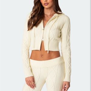 NWT EDIKTED Cream Cable Knit Zip Up Cardigan